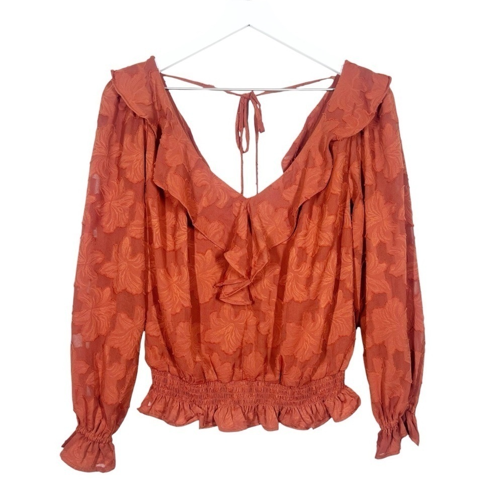 Anthropologie Womens Textured Floral Flowy Rust Orange Blouse Flowy Ruffle XS